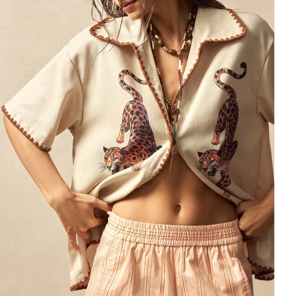 Solid Line Leopard Print Button Down Loose fit Top - Picture 3 of 5